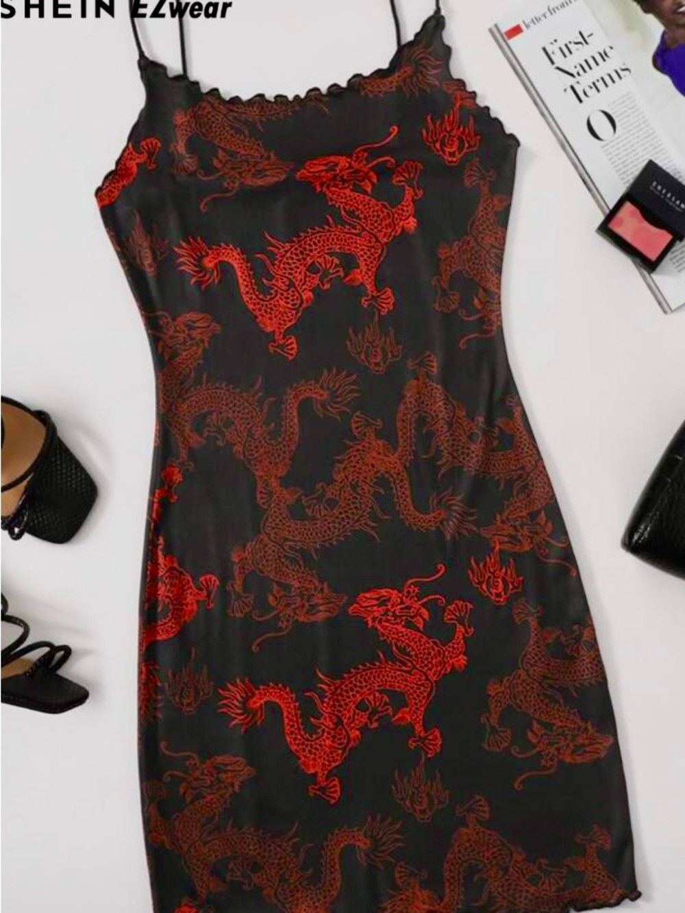 SHEIN Black Slip Mini Dress Costume with Red Dragon Print SM